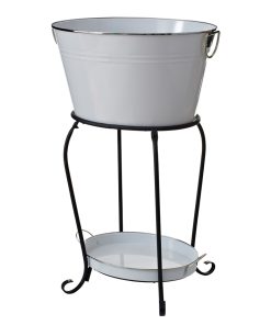 White bucket on iron stand in courtyard