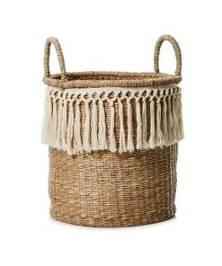 Large woven basket with string tassles