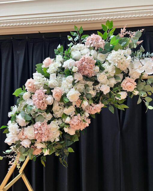 Green, Blush pink and white Faux florals on Gold Hexagon Arch