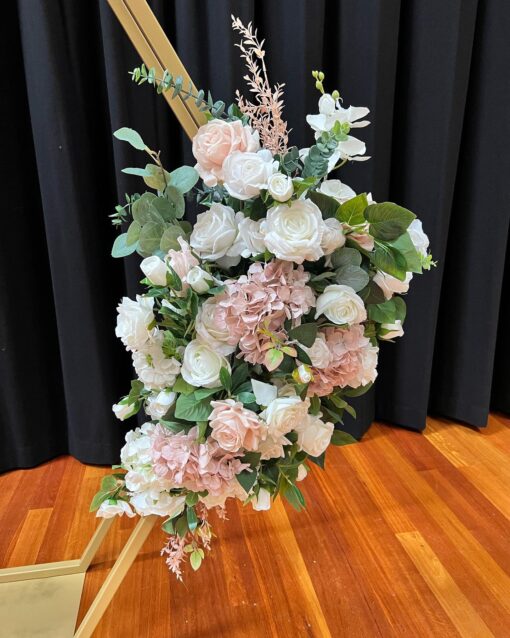 Floral Garlands (Faux) in Green, blush pink and white on a Gold Hexagon Arch