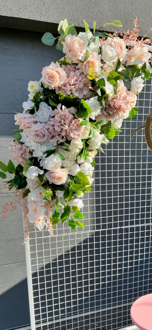 Floral Garlands (Faux) in blush pink and white on a White mesh arch