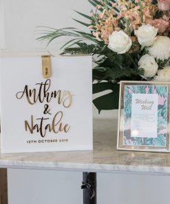 White wishing with gold letters well for Anthony and Natalie's wedding