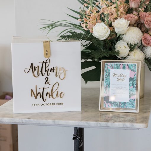 White wishing with gold letters well for Anthony and Natalie's wedding