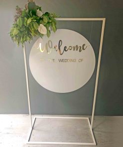 White wedding signage acrylic welcome sign with gold mirrored writing