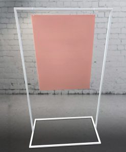 600mm x 800mm rectangular blush pink acrylic signage board hanging from 1.5m high x 900mm wide white metal stand.