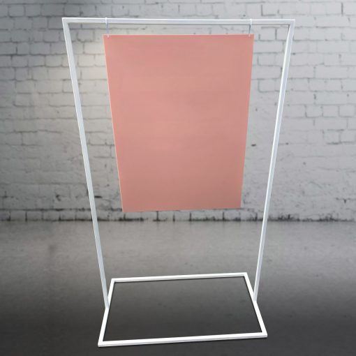 600mm x 800mm rectangular blush pink acrylic signage board hanging from 1.5m high x 900mm wide white metal stand.