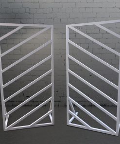 Two separate white window panel backdrops each 2m high by 1m wide. Each frame has 8 diagonal slats.