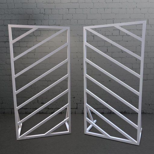 Two separate white window panel backdrops each 2m high by 1m wide. Each frame has 8 diagonal slats.