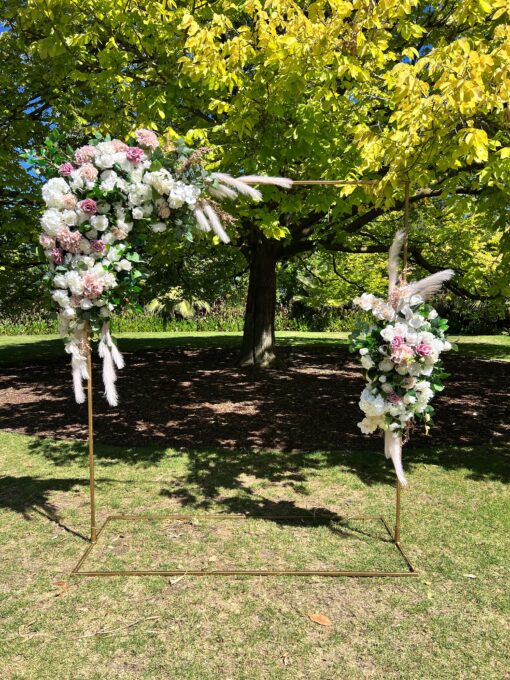 Floral Garlands (Faux) in Green, blush pink and white on a Gold Rectangle Arch